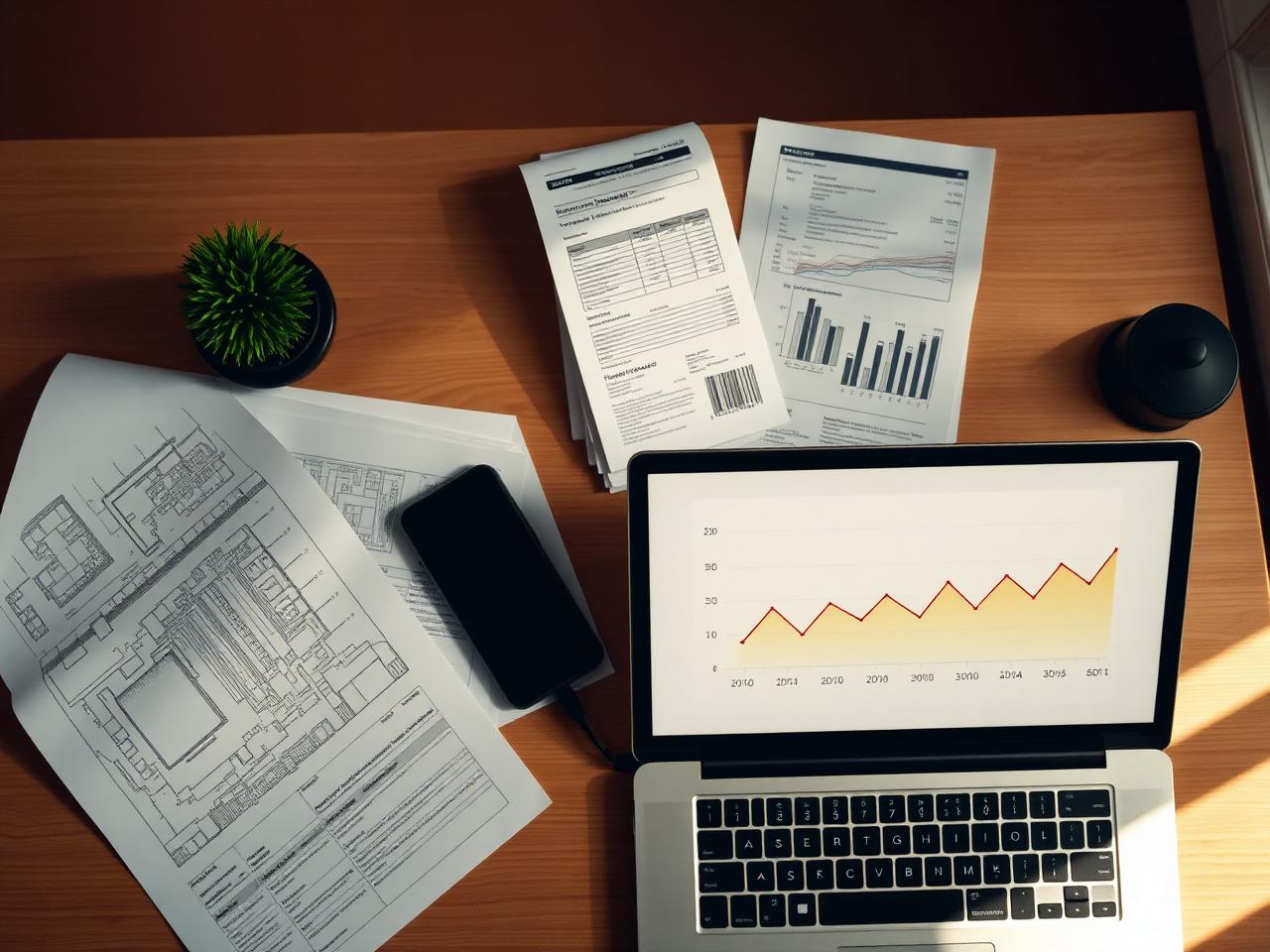 Escritorio con planos, facturas de luz y un portátil con un gráfico de consumo