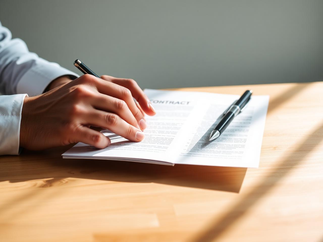 Manos revisando y comparando contratos sobre una mesa moderna
