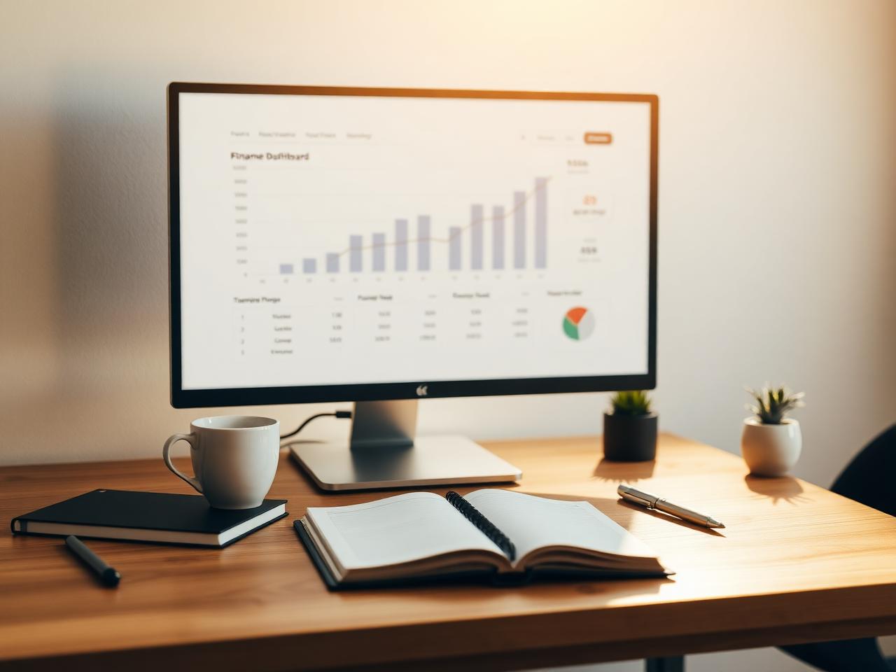 Escritorio con un dashboard financiero en el monitor y un cuaderno de notas